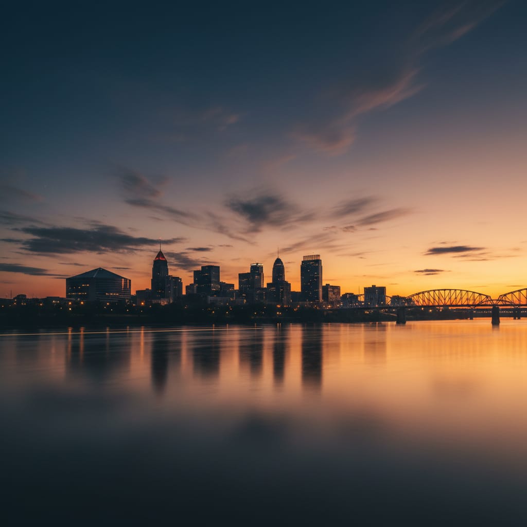 Sunset over the Memphis riverfront and the Hernando de Soto Bridge.